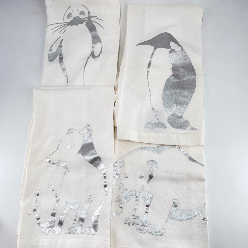 4 Pottery Barn Arctic Animal Tea Towels Silver Metallic White Cotton 20x30